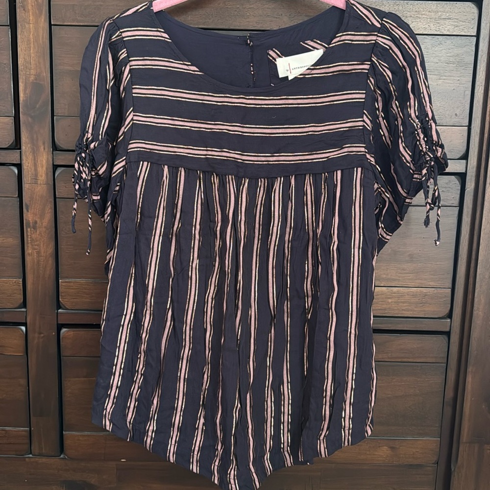 Anthropologie Navy and Mauve T-shirt Blouse with Metallic Stripe